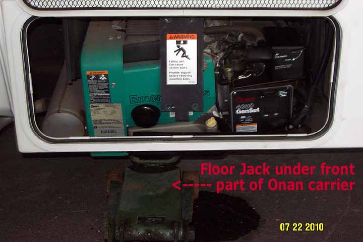 Shows were to place a floor jack under the front edge of the bottom cradle for the generator.