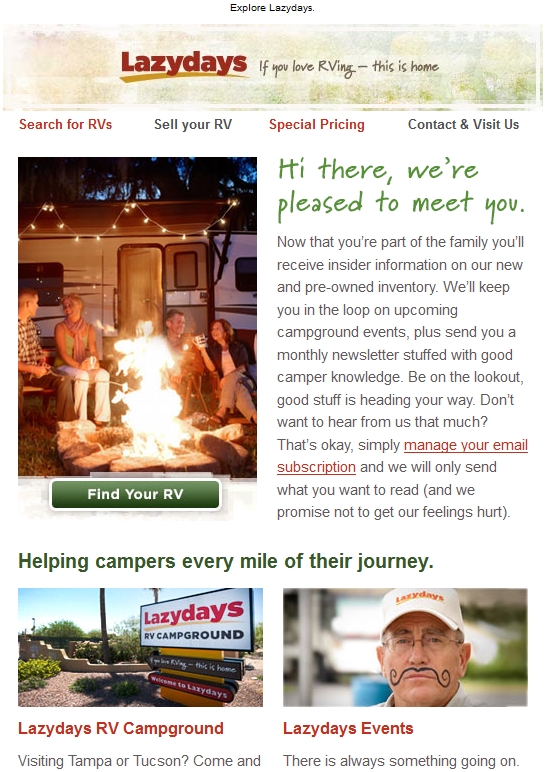 First Email from Lazydays RV