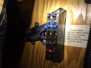 BF 12V fuse block under vanity, awning fuse located here